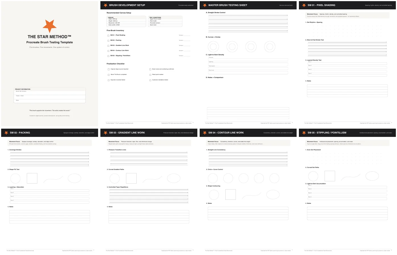 All eight pages of the Brush Testing Template laid out as a contact sheet